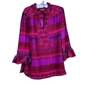Tory Burch Silk Blouse Top Size 14 Geometric Print Ruffle High V Neck 3/4 Tunic